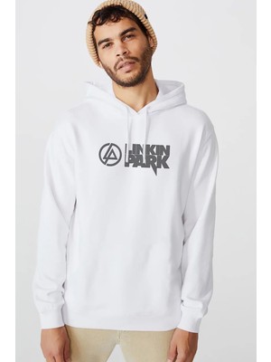 Qivi Linkin Park Logo Baskılı Beyaz Erkek Örme Kapşonlu Sweatshirt Uzun Kol