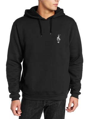 Qivi Sol Anahtarı Göğüs Baskılı Siyah Erkek Örme Kapşonlu Sweatshirt Uzun Kol