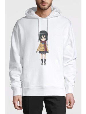 Qivi Anime Attack On Titan Baskılı Beyaz Erkek Örme Kapşonlu Sweatshirt Uzun Kol