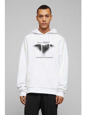 Qivi Game Of Thrones Baskılı Beyaz Erkek Örme Kapşonlu Sweatshirt Uzun Kol
