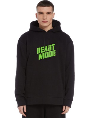 Qivi Beast Mode Baskılı Siyah Erkek Örme Kapşonlu Sweatshirt Uzun Kol