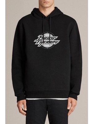 Qivi Bass Therapy Logo Baskılı Siyah Erkek Örme Kapşonlu Sweatshirt Uzun Kol