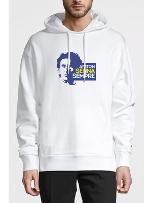 Qivi Formula F1 Ayrton Senna F1 Car Baskılı Beyaz Erkek Örme Kapşonlu Sweatshirt Uzun Kol