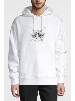 Qivi Gri ve Beyaz Yavru Kedi Illüstrasyon Baskılı Beyaz Erkek Örme Kapşonlu Sweatshirt Uzun Kol