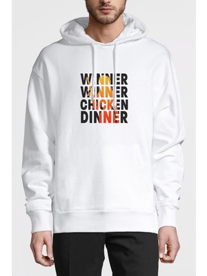 Qivi Pubg Wınner Kadın Baskılı Beyaz Erkek Örme Kapşonlu Sweatshirt Uzun Kol