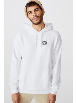 Qivi Kedi Yavru Kedi Sevimli Kedi Göğüs Baskılı Beyaz Erkek Örme Kapşonlu Sweatshirt Uzun Kol