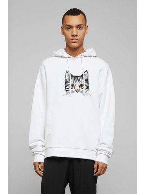 Qivi Kedi Yavru Kedi Sevimli Kedi Baskılı Beyaz Erkek Örme Kapşonlu Sweatshirt Uzun Kol