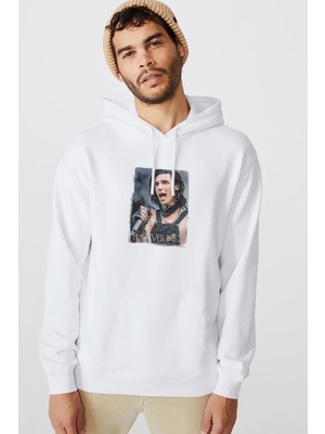 Qivi Black Veil Brides Andy 2 Baskılı Beyaz Erkek Örme Kapşonlu Sweatshirt Uzun Kol