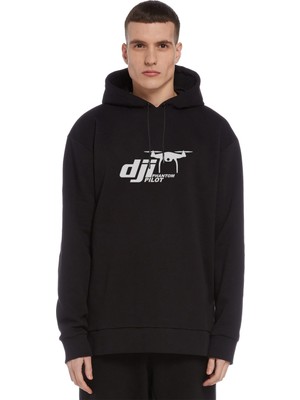 Qivi Dji Phantom Pilot Drone Vinyl Decal Baskılı Siyah Erkek Örme Kapşonlu Sweatshirt Uzun Kol