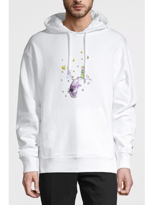 Qivi Küçük Prens Little Prince Stars Gezegen Baskılı Beyaz Erkek Örme Kapşonlu Sweatshirt Uzun Kol