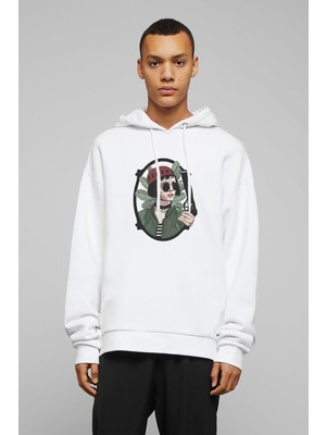 Qivi Leon & Mathilda The Professional Mirror Baskılı Beyaz Erkek Örme Kapşonlu Sweatshirt Uzun Kol