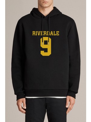 Qivi Riverdale 9 Baskılı Siyah Erkek Örme Kapşonlu Sweatshirt Uzun Kol