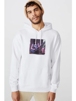 Qivi Black Veil Brides Music Baskılı Beyaz Erkek Örme Kapşonlu Sweatshirt Uzun Kol