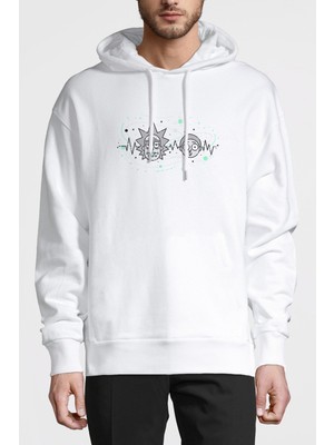 Qivi Dribbble Rickmorty Baskılı Beyaz Erkek Örme Kapşonlu Sweatshirt Uzun Kol