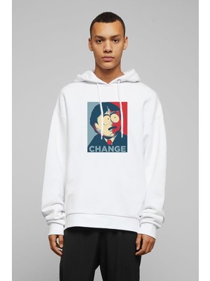 Qivi South Park Change Baskılı Beyaz Erkek Örme Kapşonlu Sweatshirt Uzun Kol