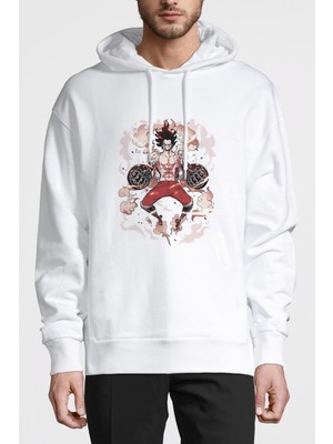 Qivi Anime One Piece Flame Baskılı Beyaz Erkek Örme Kapşonlu Sweatshirt Uzun Kol