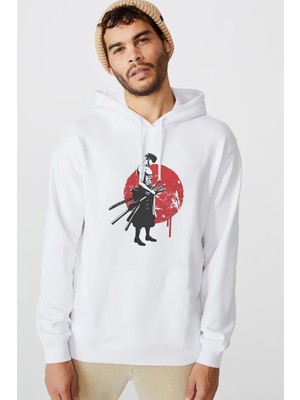 Qivi Anime One Piece Ninja Kılınç Baskılı Beyaz Erkek Örme Kapşonlu Sweatshirt Uzun Kol
