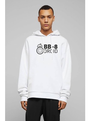 Qivi Bb 8 Droıd Baskılı Beyaz Erkek Örme Kapşonlu Sweatshirt Uzun Kol