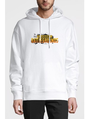 Qivi Pubg Splash Logo Baskılı Beyaz Erkek Örme Kapşonlu Sweatshirt Uzun Kol