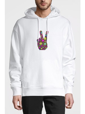 Qivi Peace Sign Transparent Baskılı Beyaz Erkek Örme Kapşonlu Sweatshirt Uzun Kol