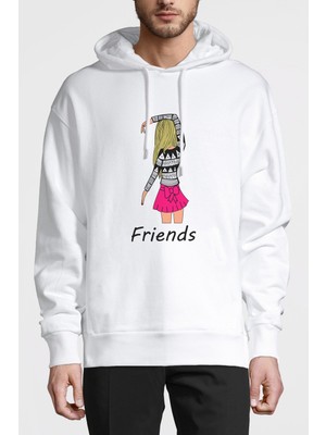 Qivi Friends Kalpli Kızlar Friends Baskılı Beyaz Erkek Örme Kapşonlu Sweatshirt Uzun Kol