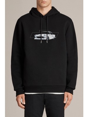 Qivi Chevrolet 1955 Baskılı Siyah Erkek Örme Kapşonlu Sweatshirt Uzun Kol