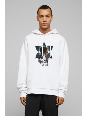 Qivi Stranger Things 2 Hawkins Caravan Baskılı Beyaz Erkek Örme Kapşonlu Sweatshirt Uzun Kol