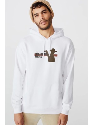 Qivi Walking Dead Baskılı Beyaz Erkek Örme Kapşonlu Sweatshirt Uzun Kol