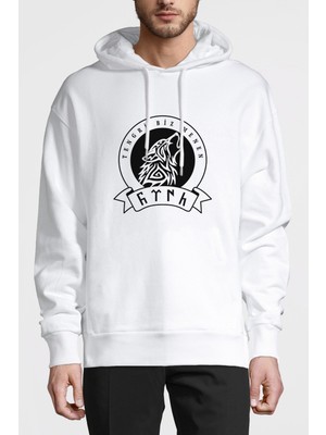 Qivi Göktürk Tengri Biz Menen Baskılı Beyaz Erkek Örme Kapşonlu Sweatshirt Uzun Kol