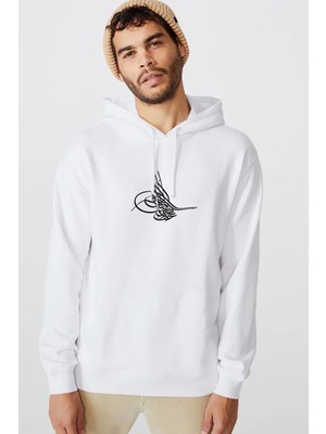 Qivi Tuğrası Ottoman Tughra Osmanli Tugrasi Logo Baskılı Beyaz Erkek Örme Kapşonlu Sweatshirt Uzun Kol