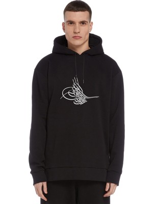 Qivi Tuğrası Ottoman Tughra Osmanli Tugrasi Logo Baskılı Siyah Erkek Örme Kapşonlu Sweatshirt Uzun Kol