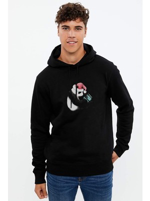 Qivi Kırmızı Başlıklı Panda Baskılı Siyah Erkek Örme Kapşonlu Sweatshirt Uzun Kol
