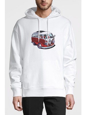 Qivi Wv Wosvos Karavan Minibüs Baskılı Beyaz Erkek Örme Kapşonlu Sweatshirt Uzun Kol