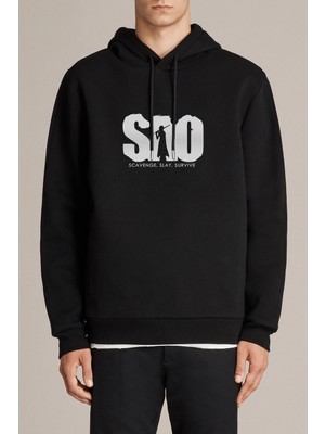 Qivi S A O Baskılı Siyah Erkek Örme Kapşonlu Sweatshirt Uzun Kol