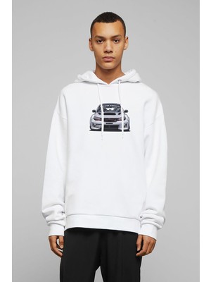 Qivi Subaru Impreza Baskılı Beyaz Erkek Örme Kapşonlu Sweatshirt Uzun Kol