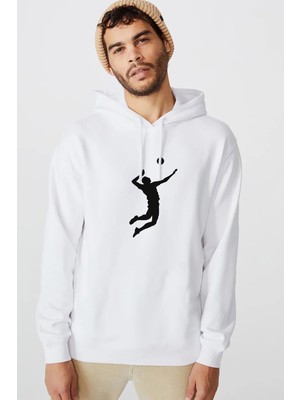 Qivi Silhouette Volleyball Baskılı Beyaz Erkek Örme Kapşonlu Sweatshirt Uzun Kol