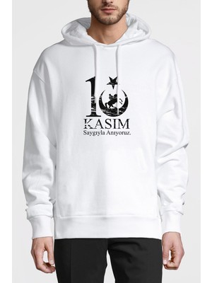 Qivi 10 Kasım Sonsuzluk ve Silüet Baskılı Beyaz Erkek Örme Kapşonlu Sweatshirt Uzun Kol
