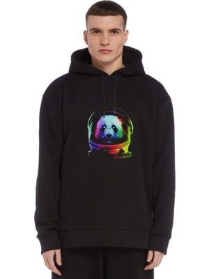 Qivi Uzaylı Panda Astronaut Panda Asronot Uzay Baskılı Siyah Erkek Örme Kapşonlu Sweatshirt Uzun Kol