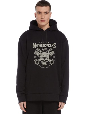 Qivi American Moto Costume Repair Baskılı Siyah Erkek Örme Kapşonlu Sweatshirt Uzun Kol