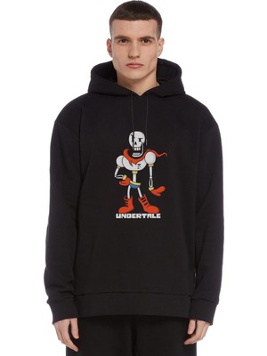 Qivi Undertale Baskılı Siyah Erkek Örme Kapşonlu Sweatshirt Uzun Kol