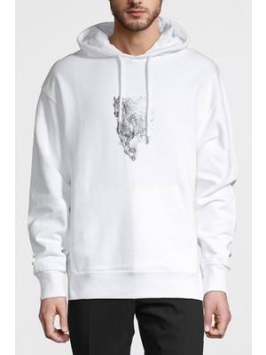 Qivi At Suliet Baskılı Beyaz Erkek Örme Kapşonlu Sweatshirt Uzun Kol