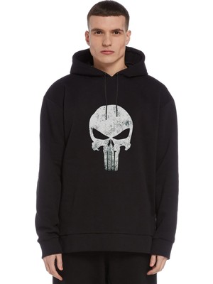 Qivi Punisher Baskılı Siyah Erkek Örme Kapşonlu Sweatshirt Uzun Kol