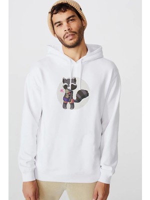 Qivi Groot Kedi Baskılı Beyaz Erkek Örme Kapşonlu Sweatshirt Uzun Kol