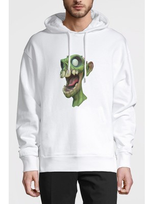 Qivi Zombie Baskılı Beyaz Erkek Örme Kapşonlu Sweatshirt Uzun Kol