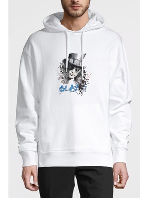 Qivi Guns N Roses Slash Watercolor Baskılı Beyaz Erkek Örme Kapşonlu Sweatshirt Uzun Kol