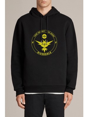 Qivi Riverdale Team Instinct Pokemon Go Baskılı Siyah Erkek Örme Kapşonlu Sweatshirt Uzun Kol