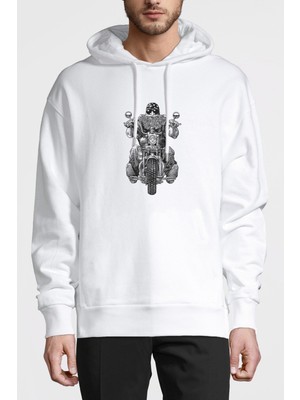 Qivi Motorcu Motorsiklet Baskılı Beyaz Erkek Örme Kapşonlu Sweatshirt Uzun Kol