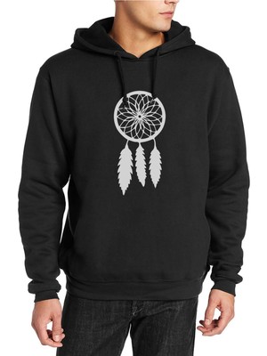 Qivi Silhouette Dreamcatcher Baskılı Siyah Erkek Örme Kapşonlu Sweatshirt Uzun Kol