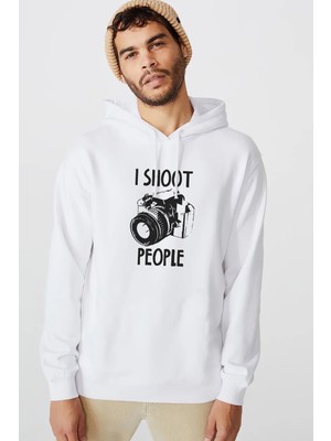 Qivi I Shoot People Fotoğraf Makinesi Baskılı Beyaz Erkek Örme Kapşonlu Sweatshirt Uzun Kol