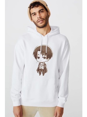 Qivi Anime Attack On Titan Baskılı Beyaz Erkek Örme Kapşonlu Sweatshirt Uzun Kol
